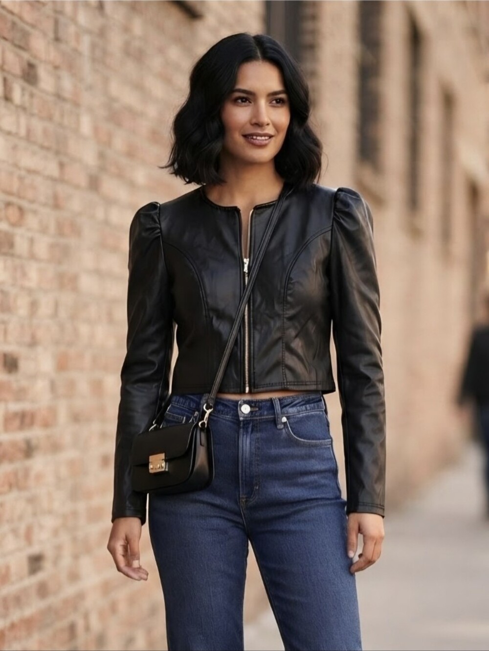 Black Faux Leather Puff-Sleeve Cropped Jacket S